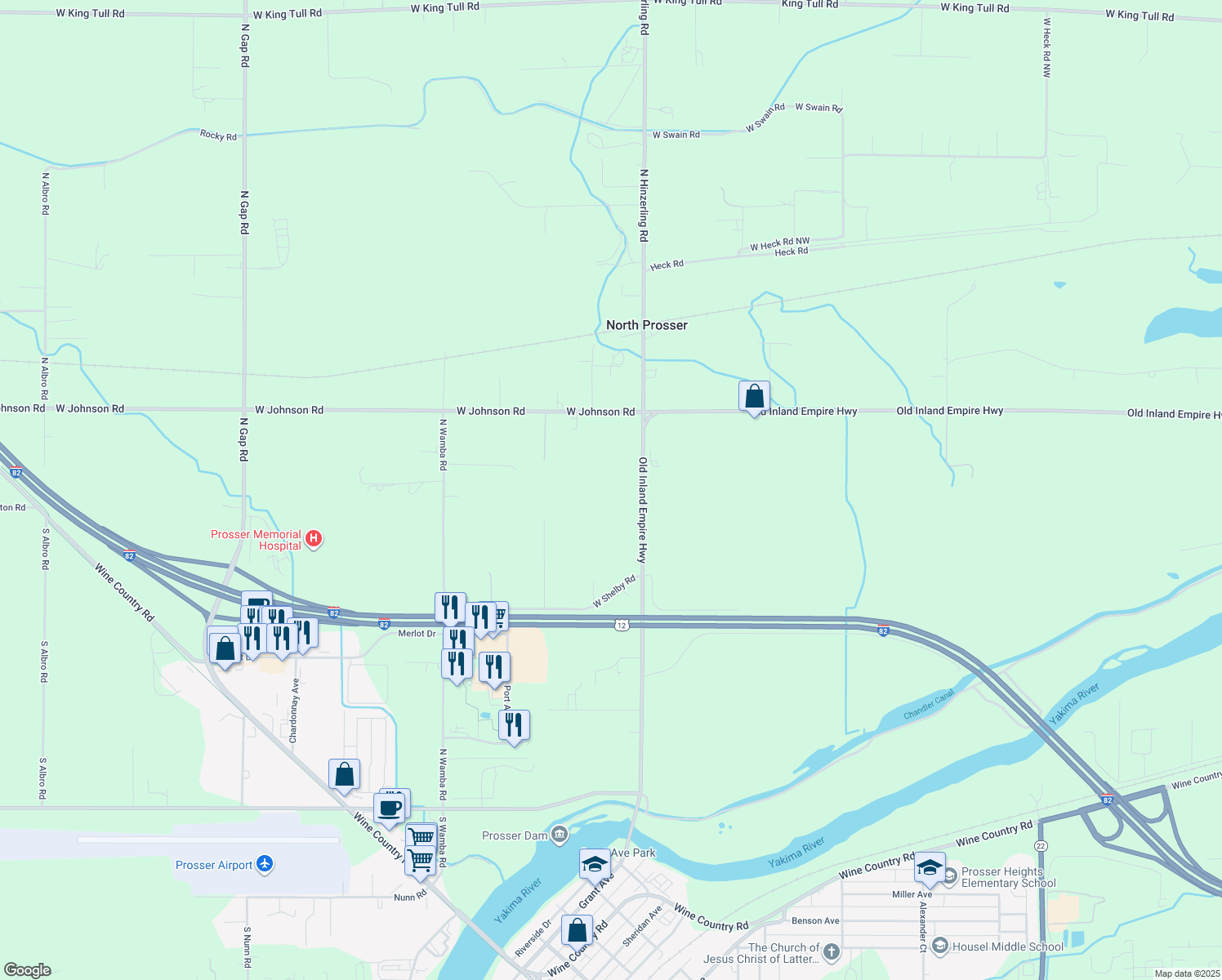map of restaurants, bars, coffee shops, grocery stores, and more near 7323 1305 PR Northwest in Prosser