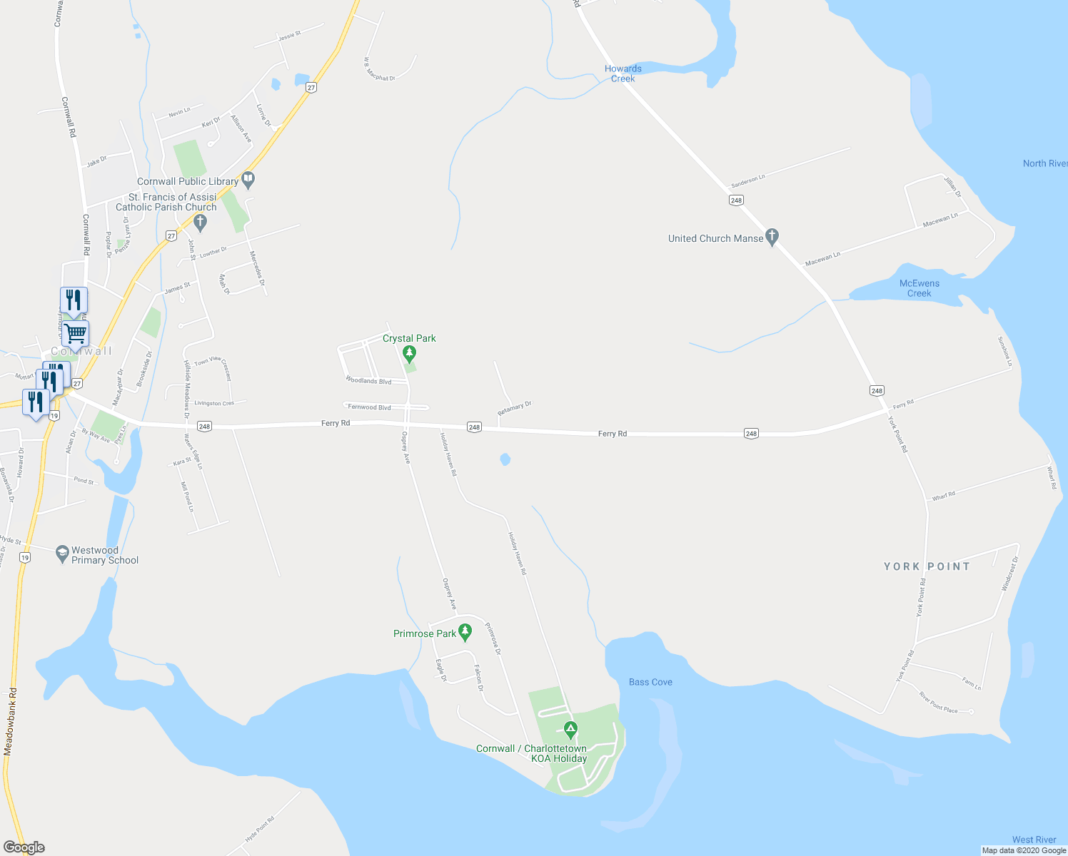 map of restaurants, bars, coffee shops, grocery stores, and more near 231 Ferry Road in Cornwall