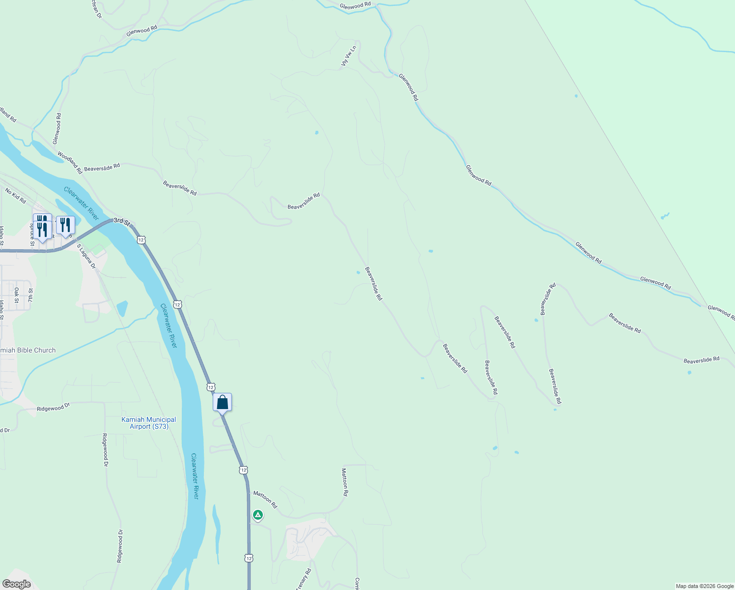 map of restaurants, bars, coffee shops, grocery stores, and more near 402 Beaverslide Road in Kamiah
