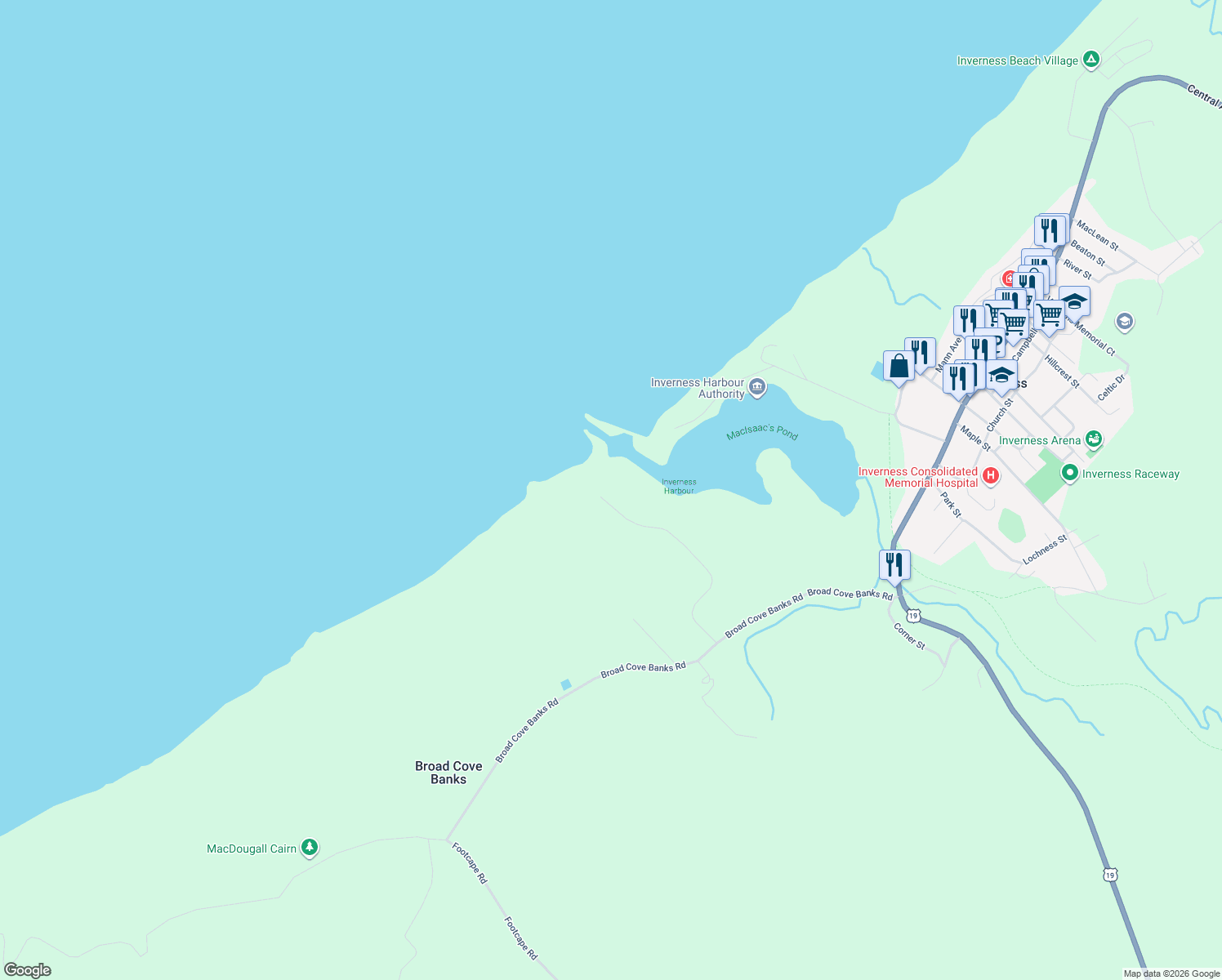 map of restaurants, bars, coffee shops, grocery stores, and more near 160 Harbour Heights Road in Inverness