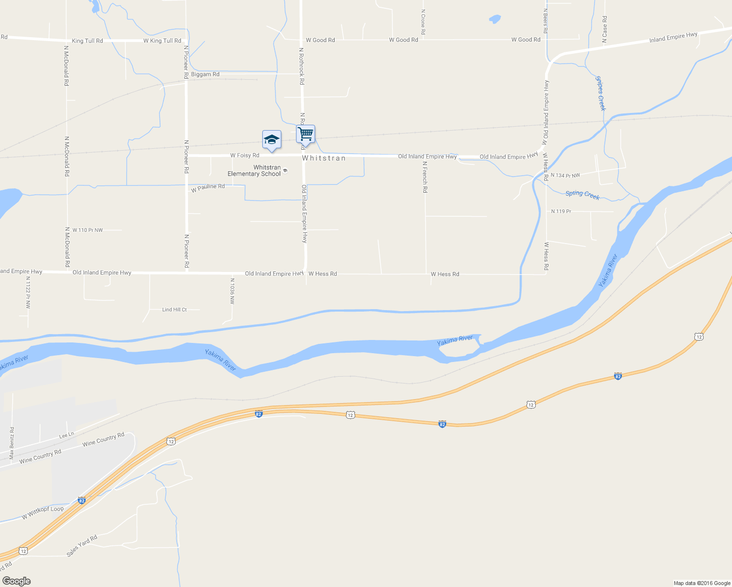 map of restaurants, bars, coffee shops, grocery stores, and more near 97417 West Hess Road in Prosser