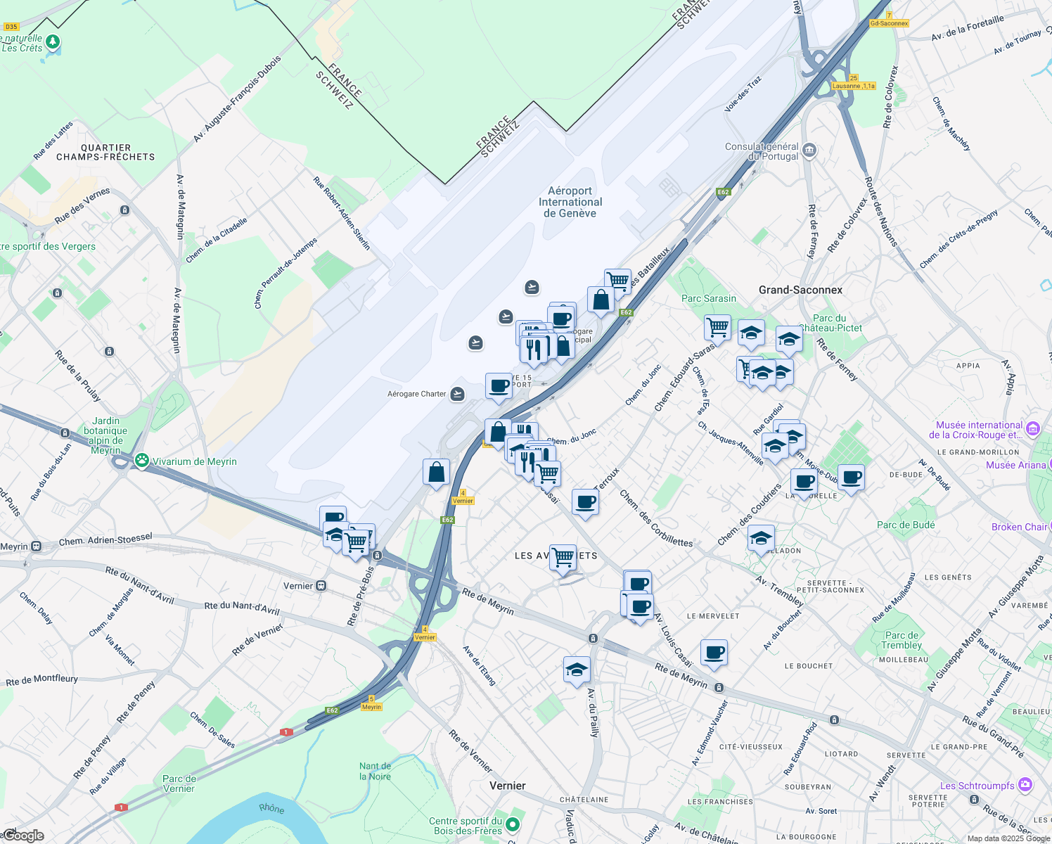 map of restaurants, bars, coffee shops, grocery stores, and more near 10 Chemin de la Violette in Meyrin