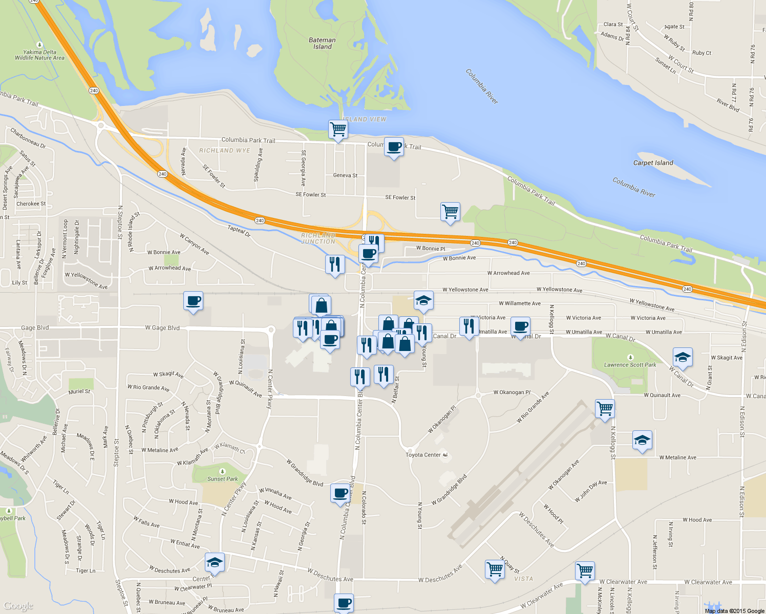map of restaurants, bars, coffee shops, grocery stores, and more near 7515 West Willamette Avenue in Kennewick
