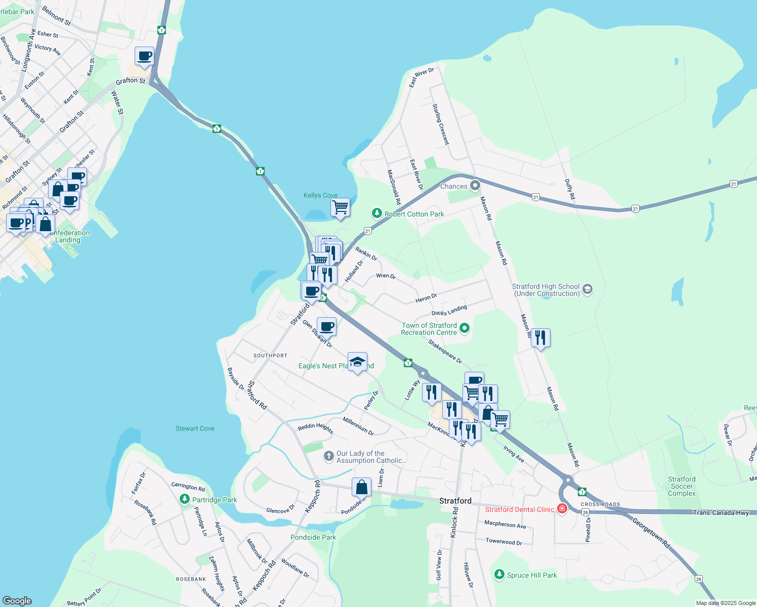 map of restaurants, bars, coffee shops, grocery stores, and more near 76 Heron Drive in Stratford