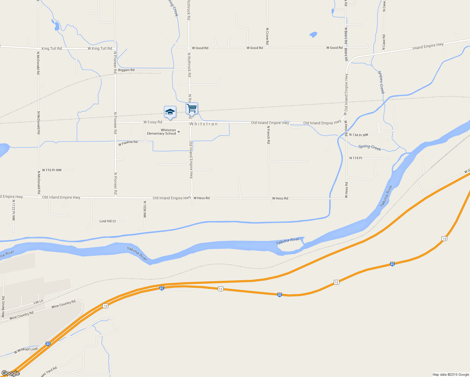 map of restaurants, bars, coffee shops, grocery stores, and more near 97402 West Hess Road in Prosser