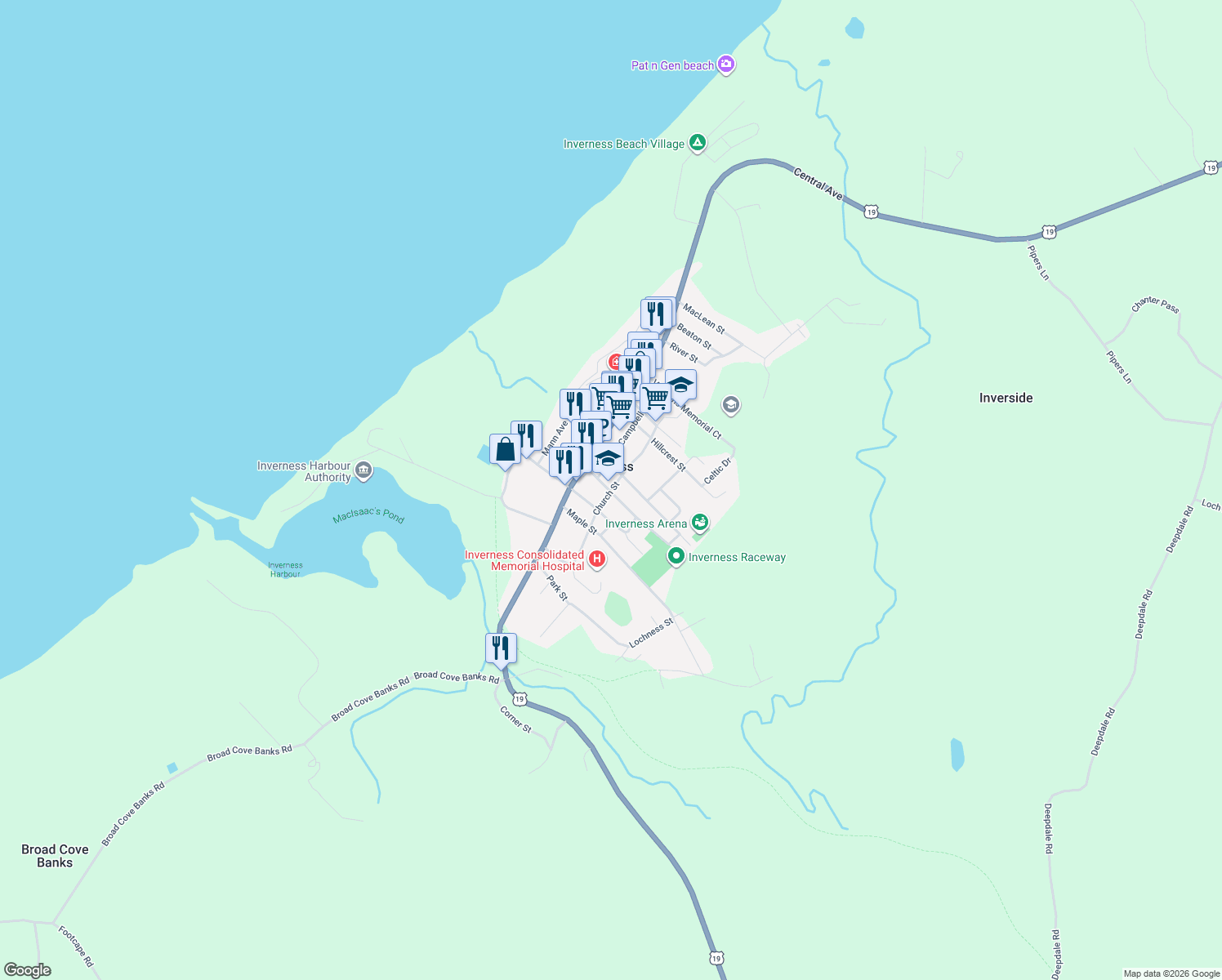 map of restaurants, bars, coffee shops, grocery stores, and more near 73 Church St in Inverness