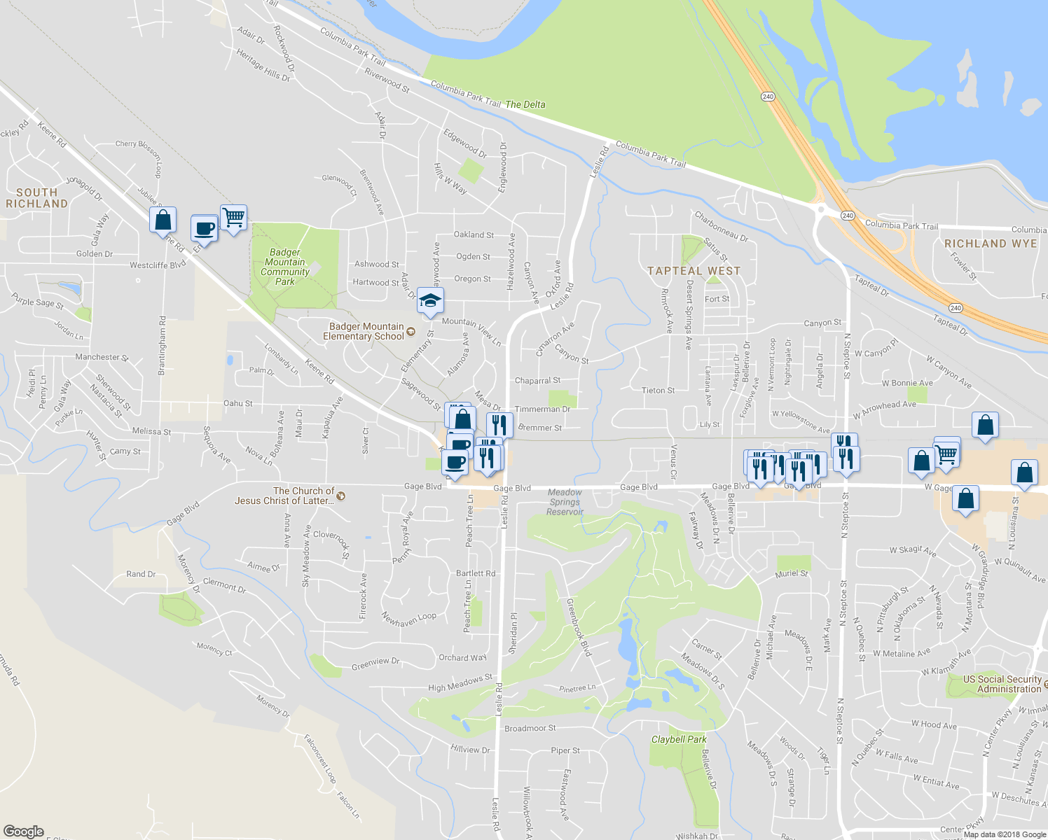 map of restaurants, bars, coffee shops, grocery stores, and more near 62 Bremmer St in Richland