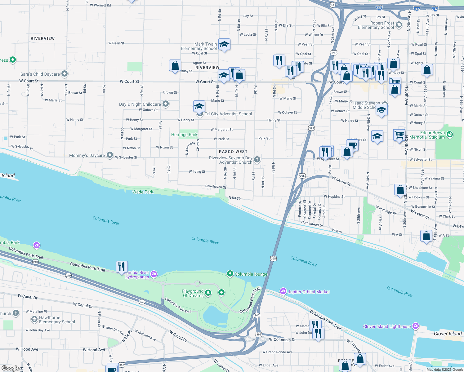 map of restaurants, bars, coffee shops, grocery stores, and more near 3809 Riverhaven Street in Pasco
