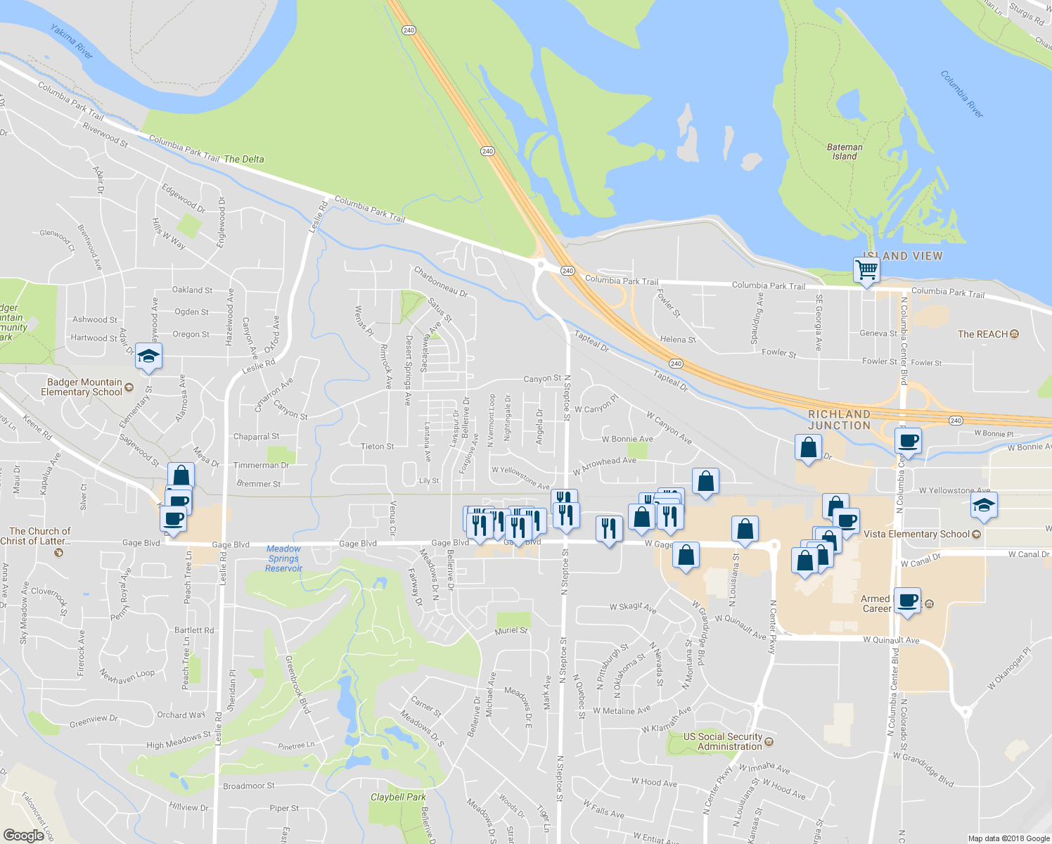 map of restaurants, bars, coffee shops, grocery stores, and more near 82 Gilaland Drive in Kennewick