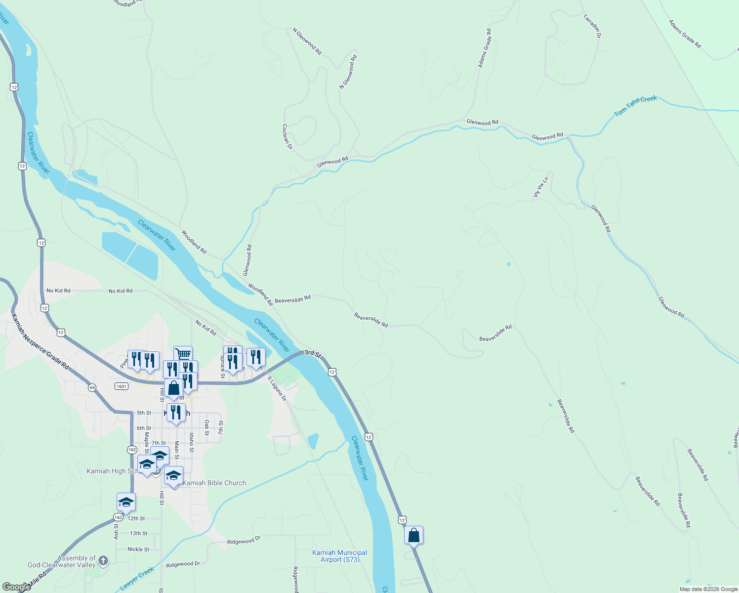 map of restaurants, bars, coffee shops, grocery stores, and more near 167 Beaverslide Road in Kamiah