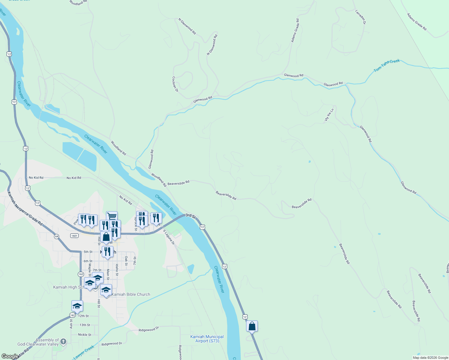map of restaurants, bars, coffee shops, grocery stores, and more near 167 Beaverslide Road in Kamiah