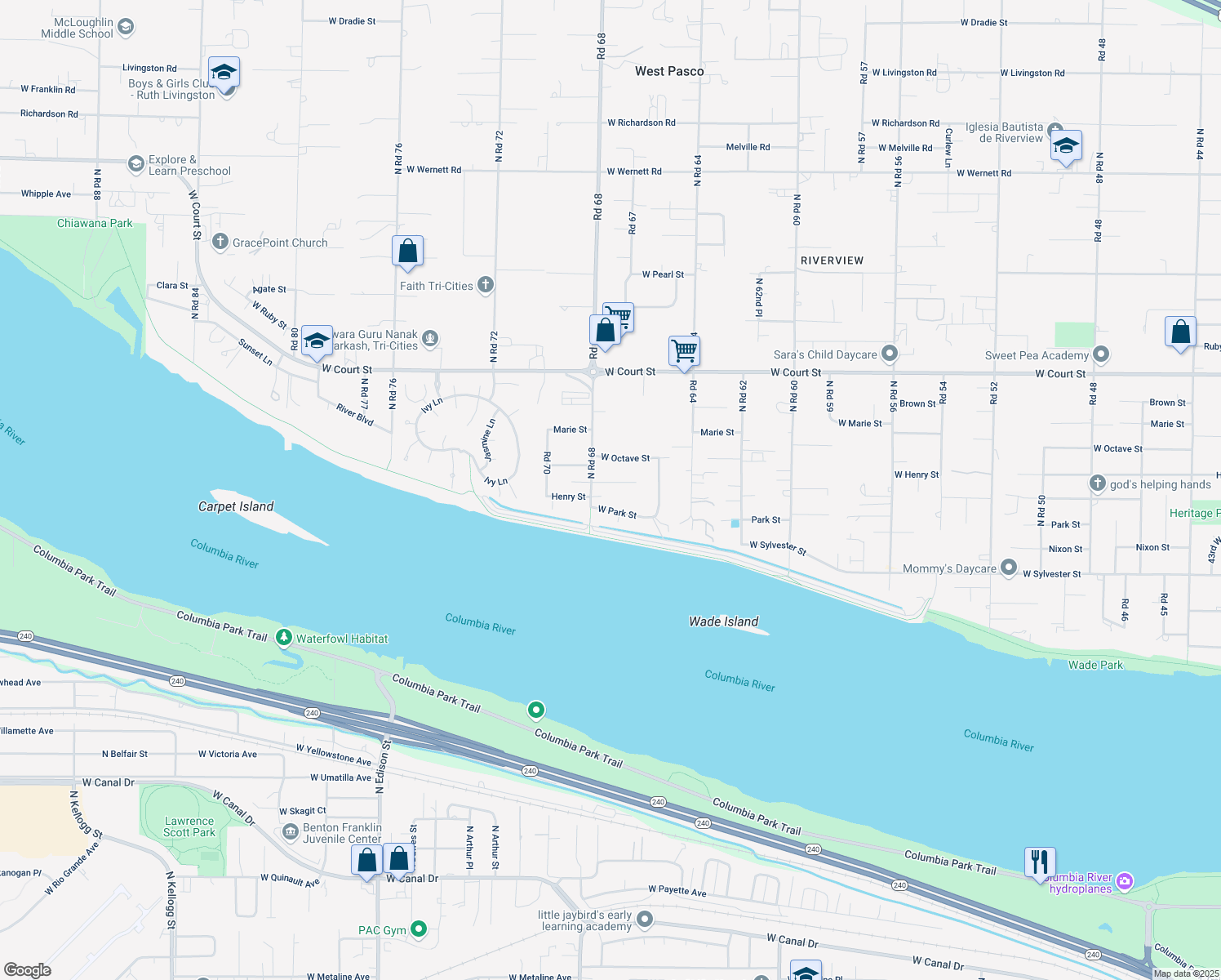 map of restaurants, bars, coffee shops, grocery stores, and more near 6710 W Olivia Ct in Pasco
