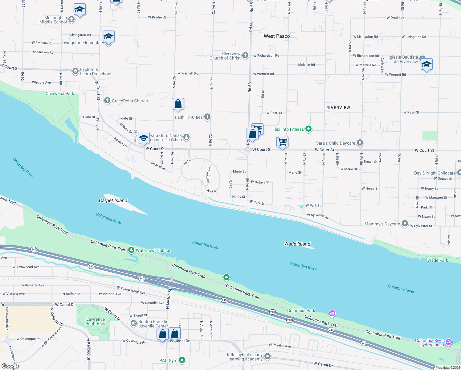 map of restaurants, bars, coffee shops, grocery stores, and more near Road 70 in Pasco