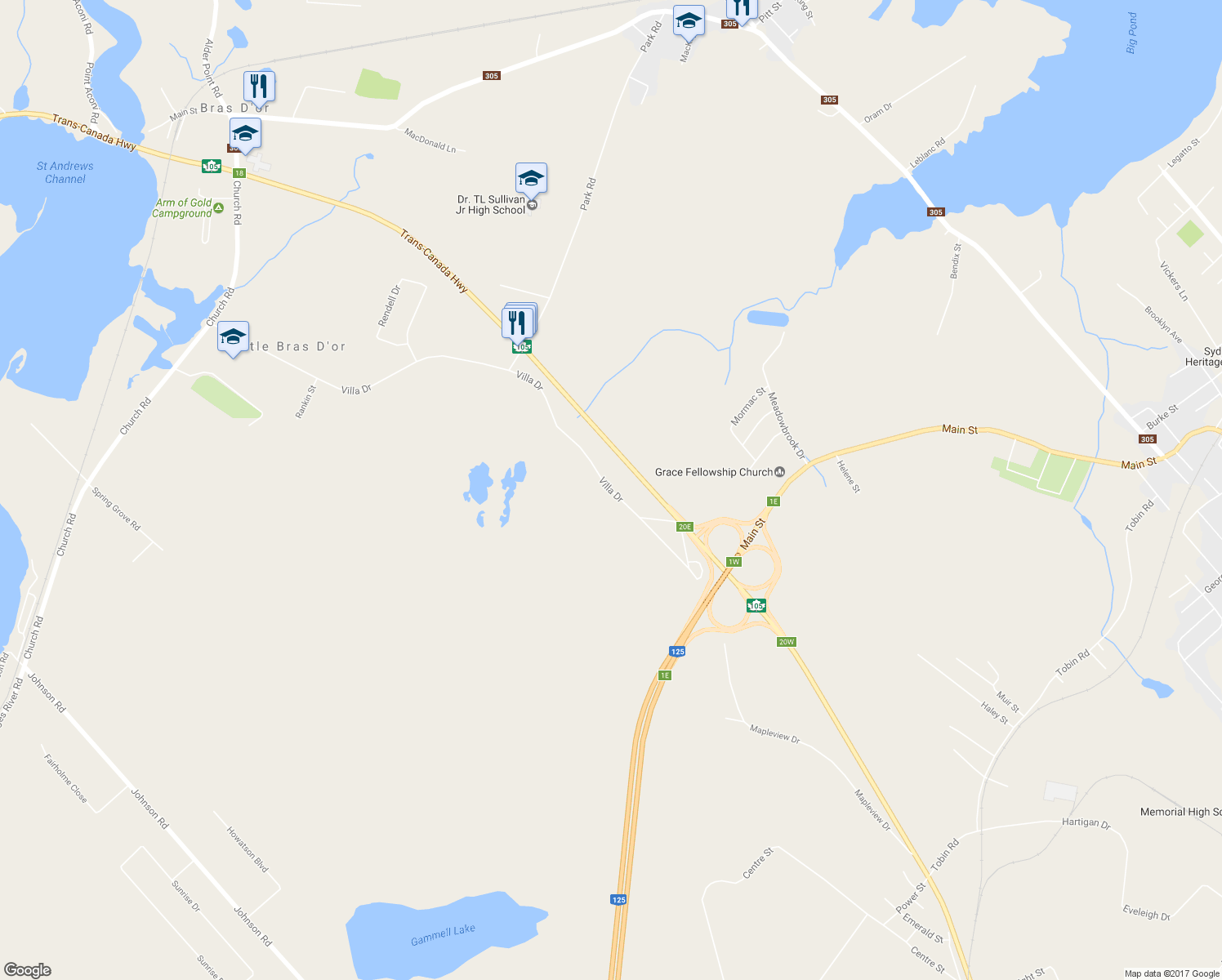 map of restaurants, bars, coffee shops, grocery stores, and more near Villa Drive in Little Bras D'or