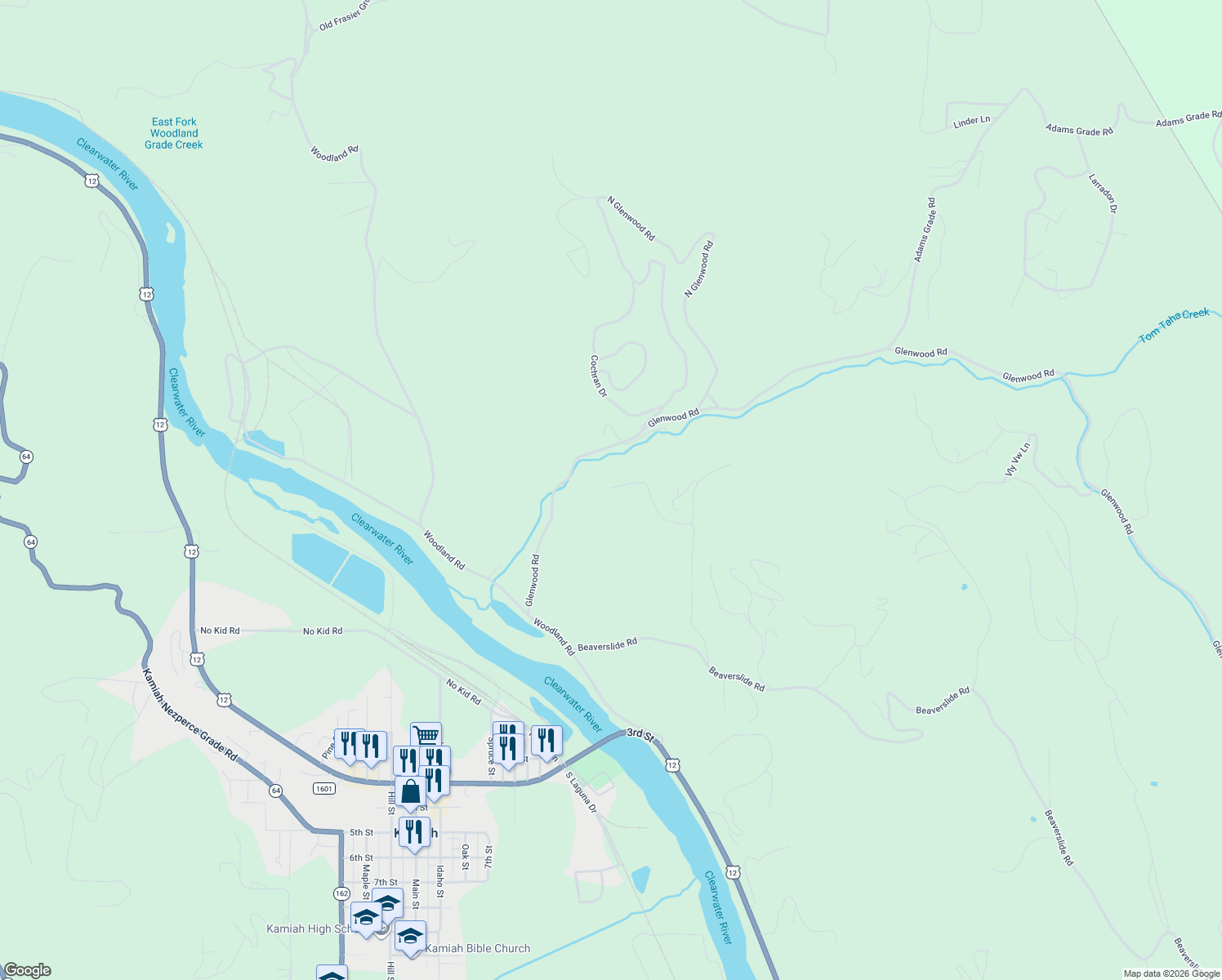 map of restaurants, bars, coffee shops, grocery stores, and more near Glenwood Road in Kamiah