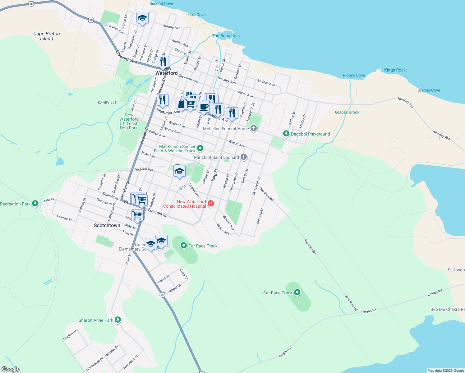 map of restaurants, bars, coffee shops, grocery stores, and more near 640 Thompson Street in New Waterford