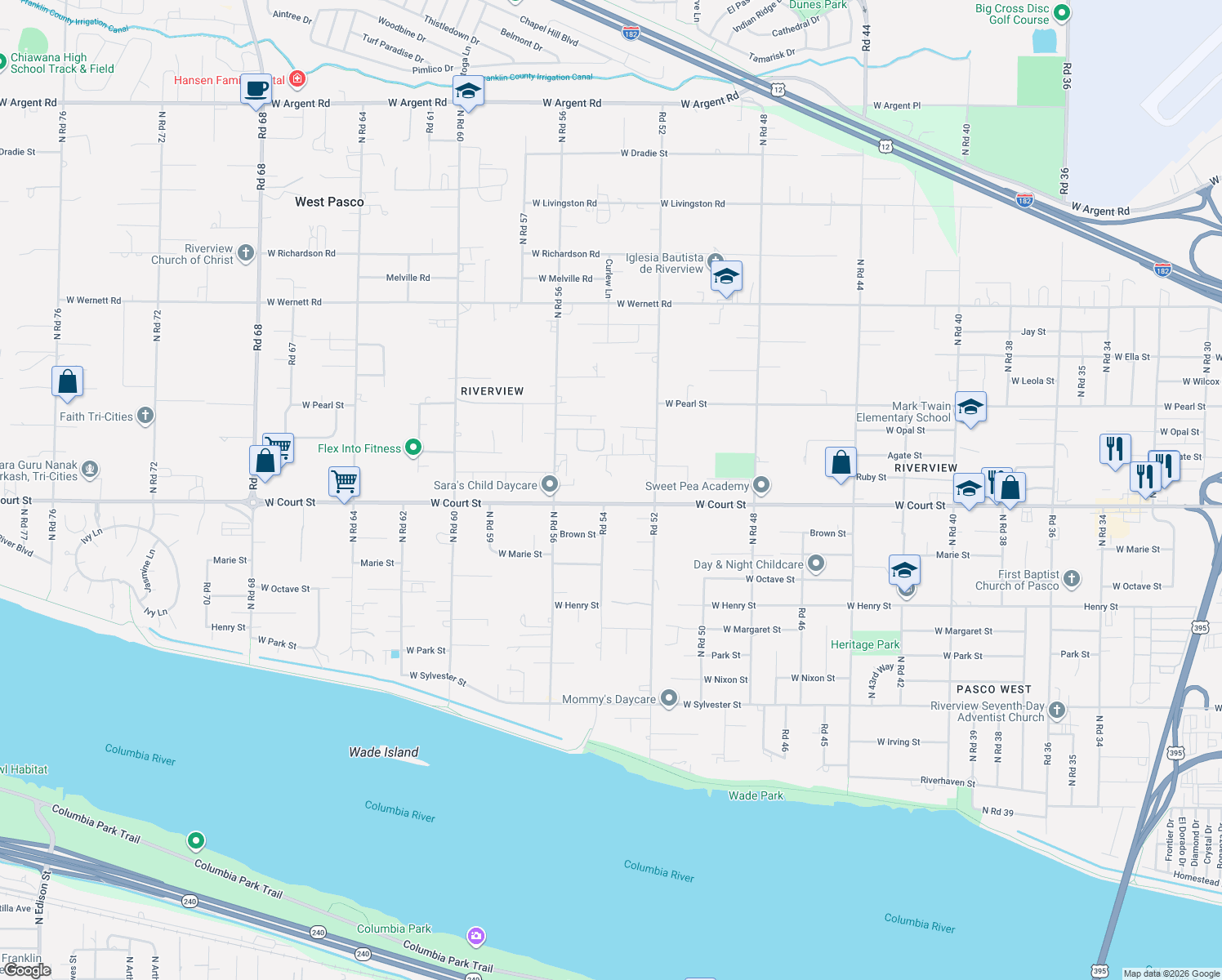 map of restaurants, bars, coffee shops, grocery stores, and more near 5313 West Court Street in Pasco