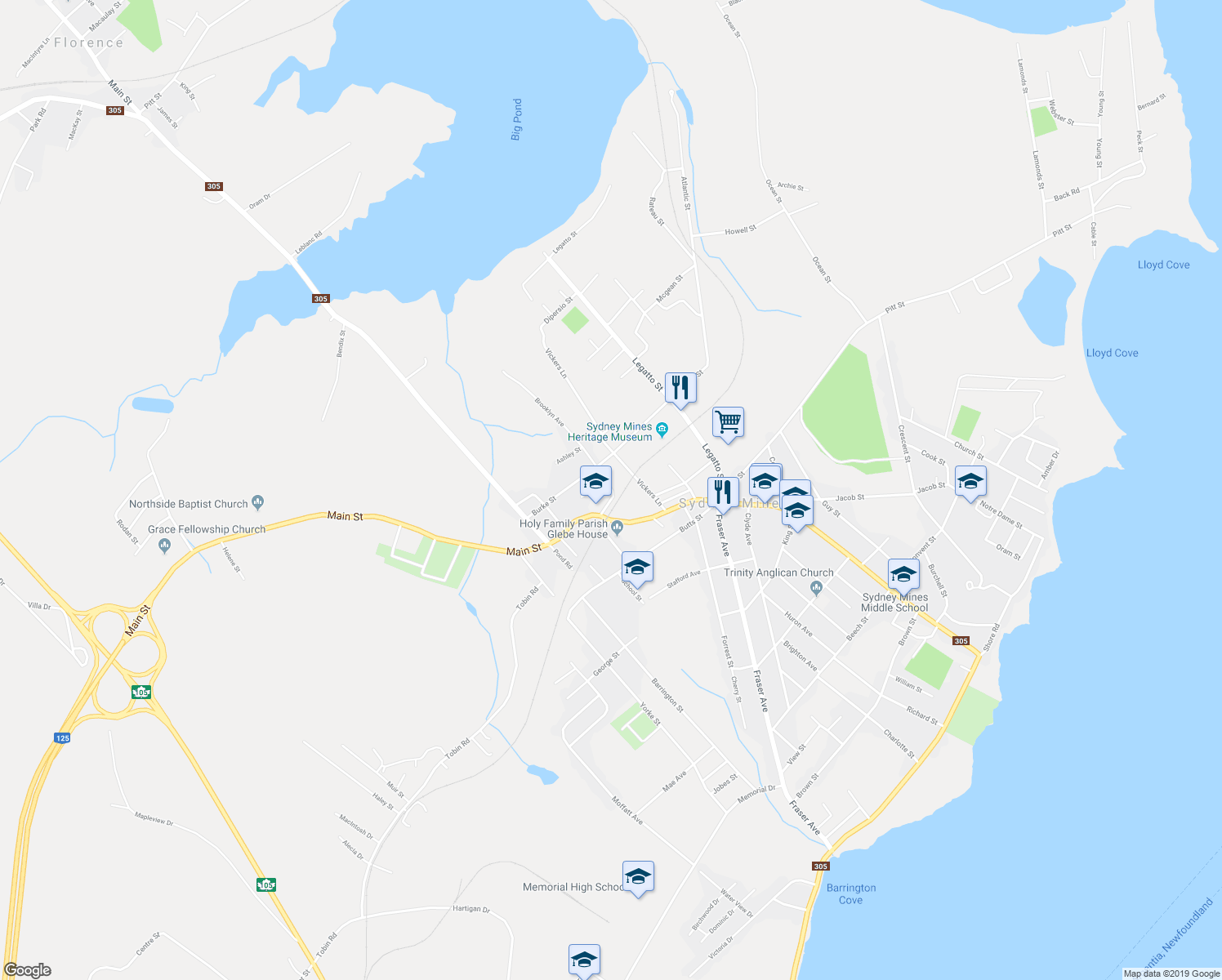 map of restaurants, bars, coffee shops, grocery stores, and more near 7 Brooklyn Avenue in Sydney Mines