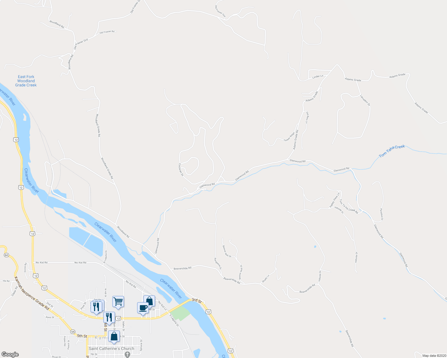 map of restaurants, bars, coffee shops, grocery stores, and more near Glenwood Road in Kamiah