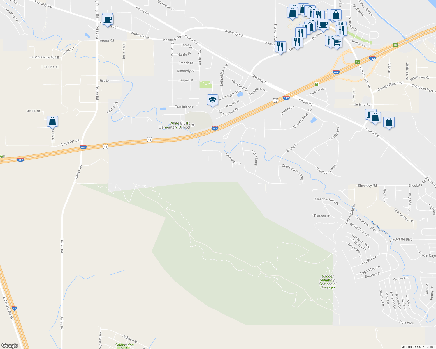 map of restaurants, bars, coffee shops, grocery stores, and more near 1151 Halter Court in Richland