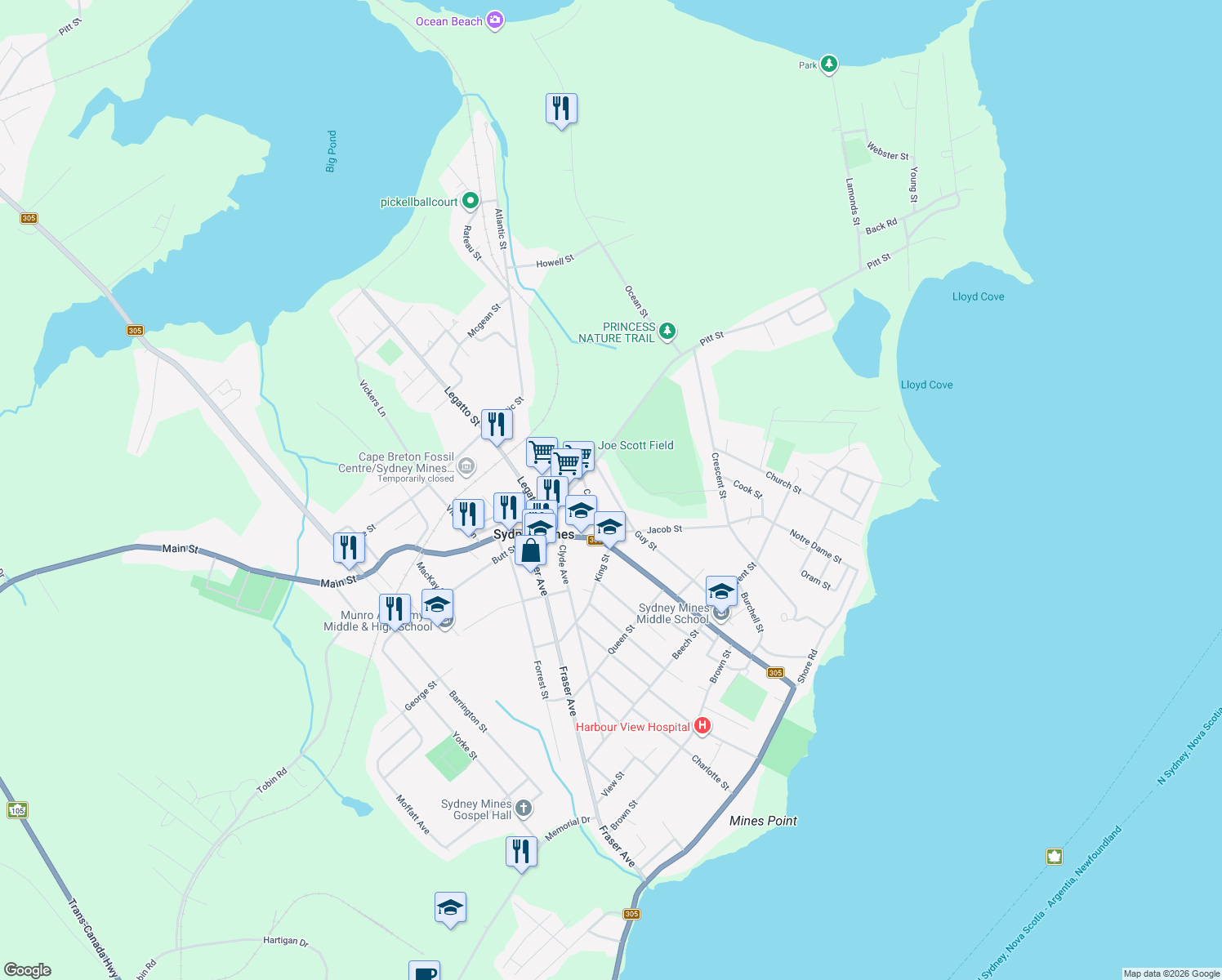 map of restaurants, bars, coffee shops, grocery stores, and more near 15 Guy Street in Sydney Mines