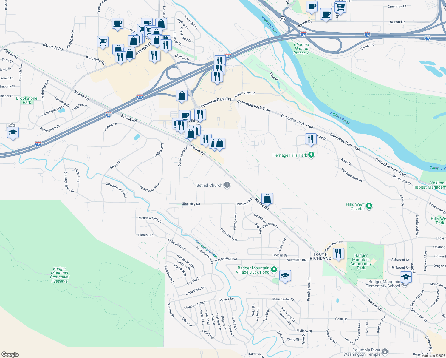map of restaurants, bars, coffee shops, grocery stores, and more near 2095 Keene Road in Richland