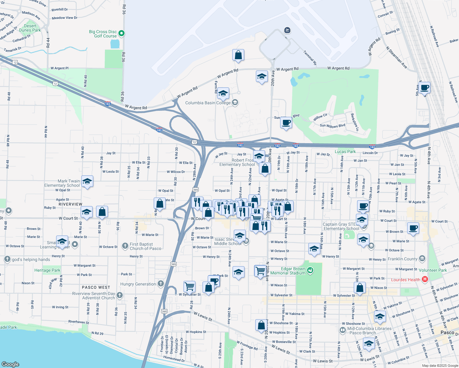 map of restaurants, bars, coffee shops, grocery stores, and more near 1808 North 24th Avenue in Pasco