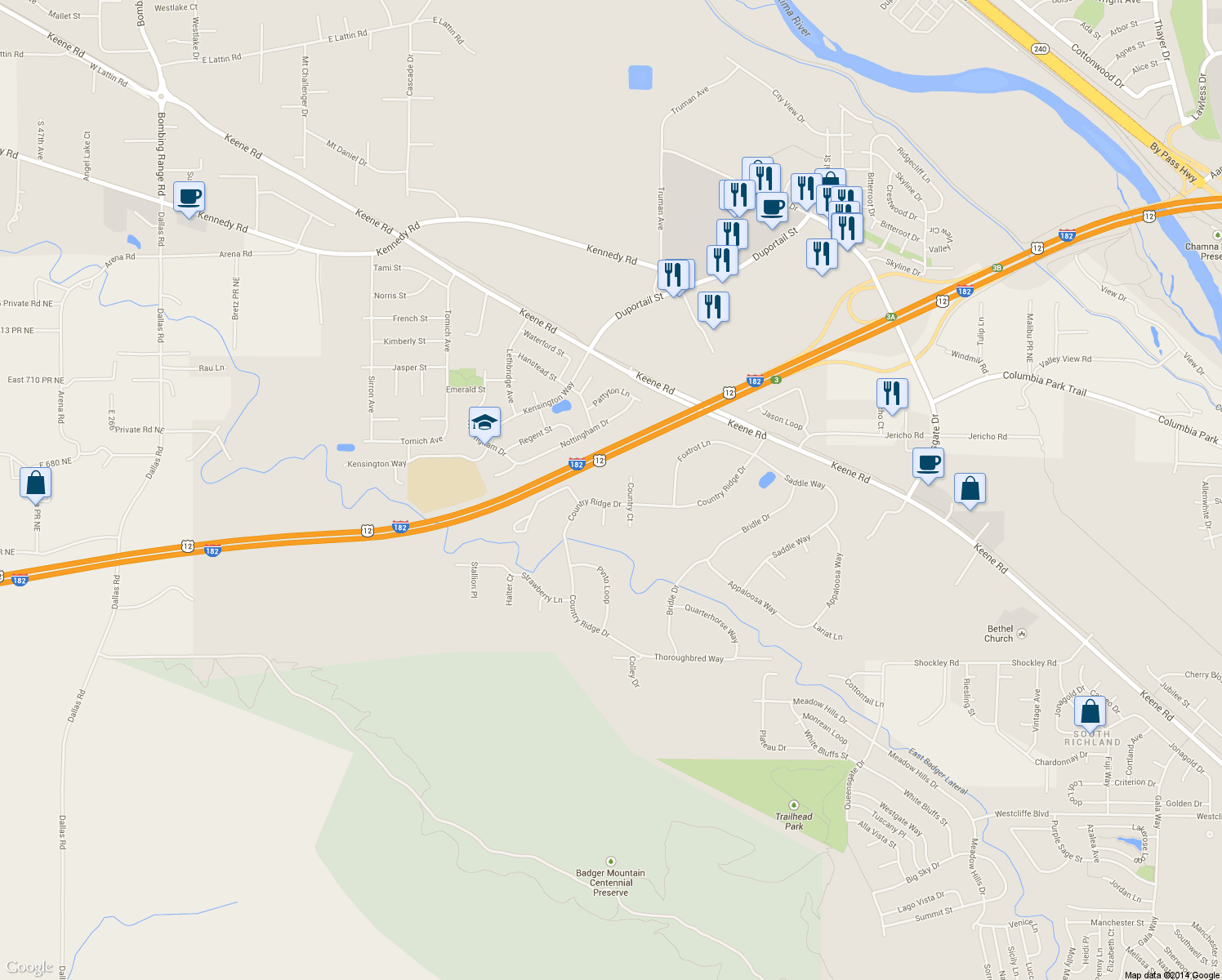 map of restaurants, bars, coffee shops, grocery stores, and more near 1217 Country Ridge Drive in Richland