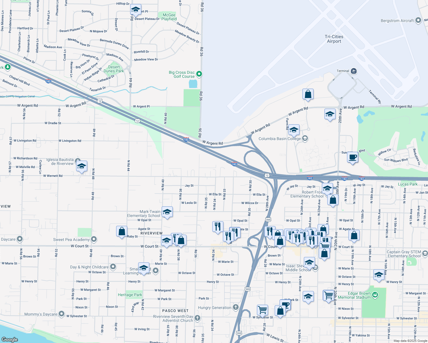 map of restaurants, bars, coffee shops, grocery stores, and more near 3400 W Wernett Rd in Pasco