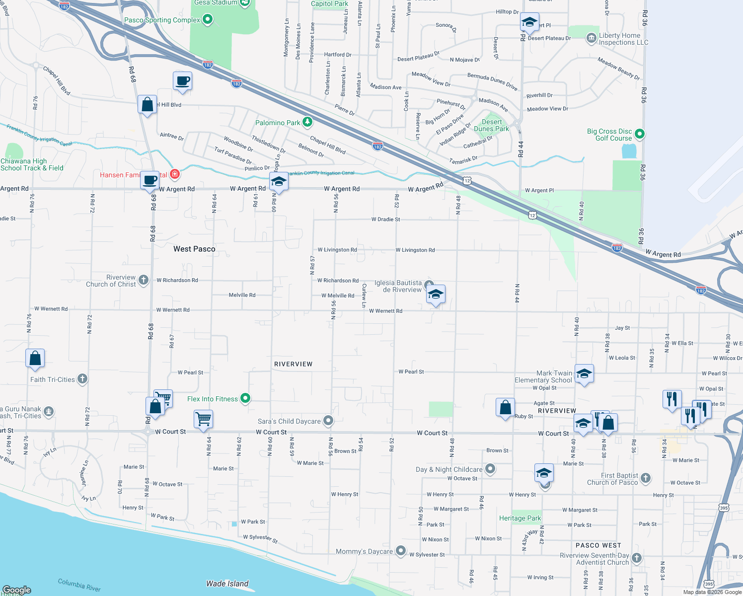 map of restaurants, bars, coffee shops, grocery stores, and more near 2317 Curlew Lane in Pasco