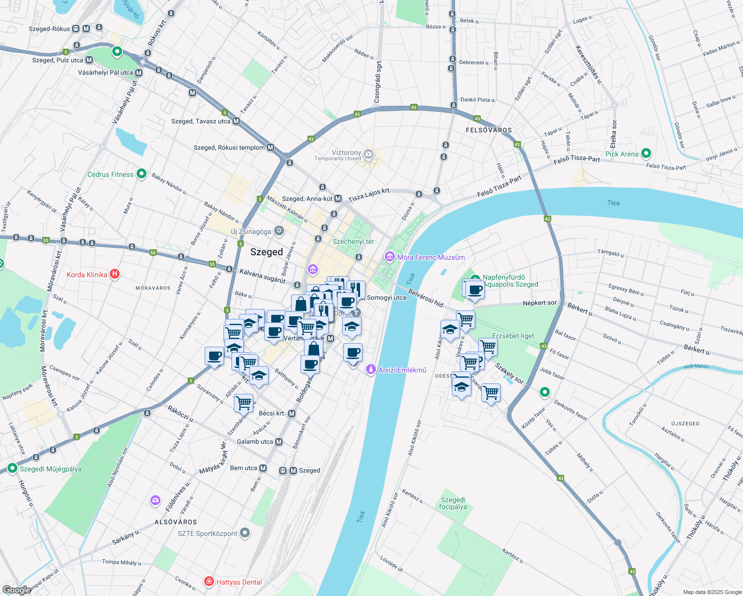 map of restaurants, bars, coffee shops, grocery stores, and more near in Szeged