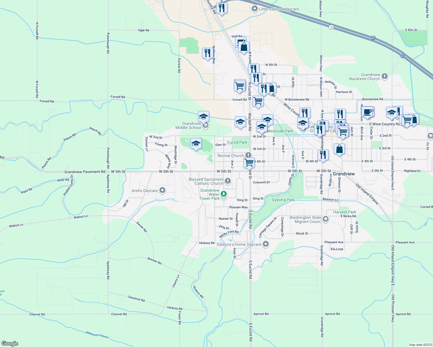 map of restaurants, bars, coffee shops, grocery stores, and more near 501 Hillcrest St in Grandview