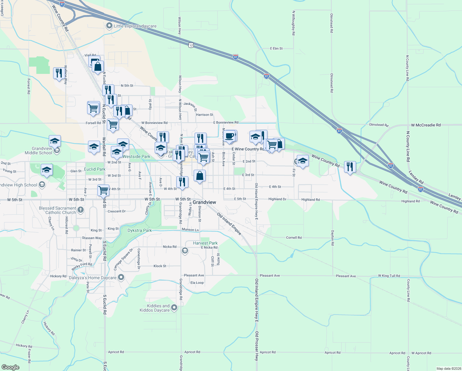 map of restaurants, bars, coffee shops, grocery stores, and more near 312 Cedar St in Grandview