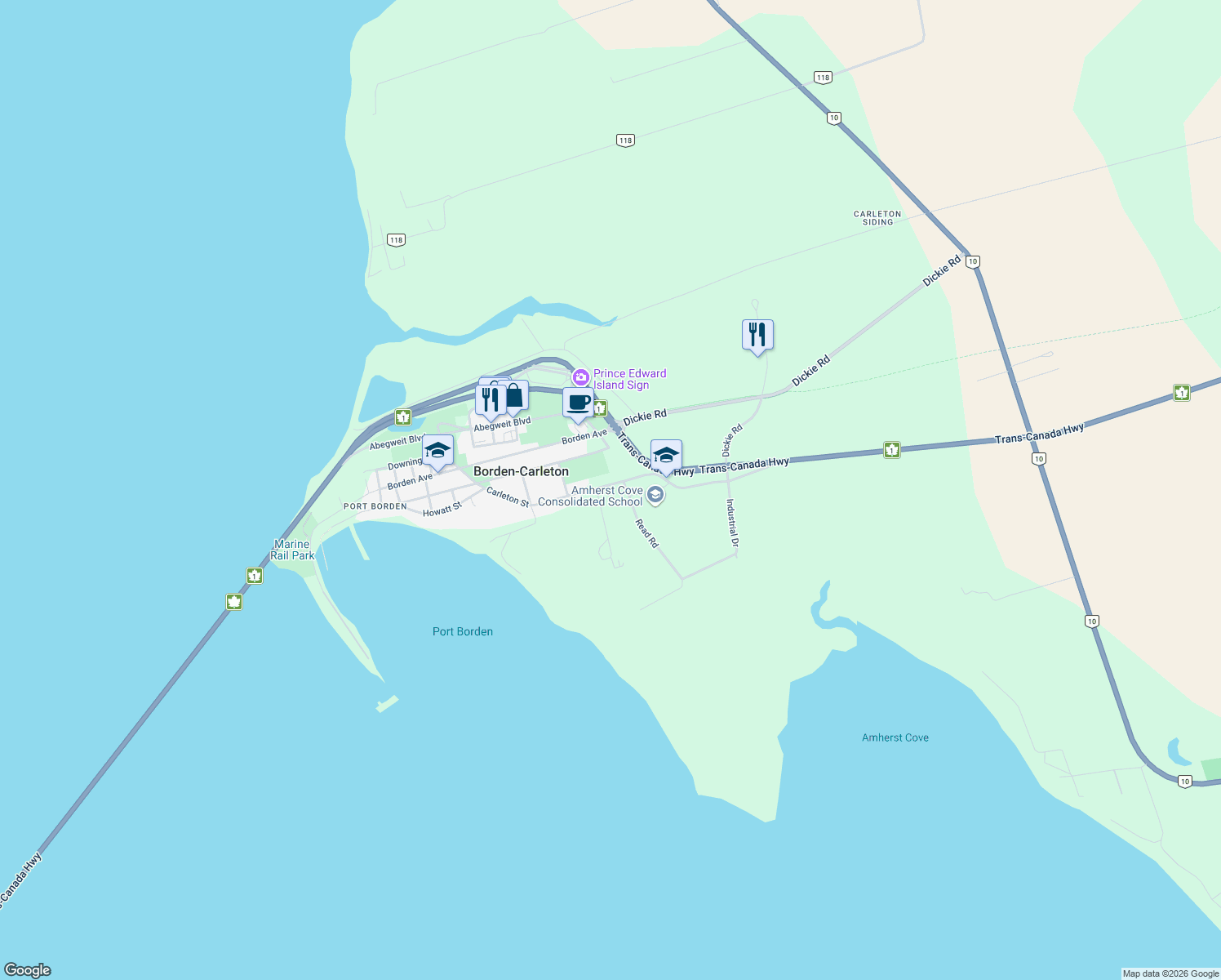 map of restaurants, bars, coffee shops, grocery stores, and more near 252 Carleton Street in Borden-Carleton