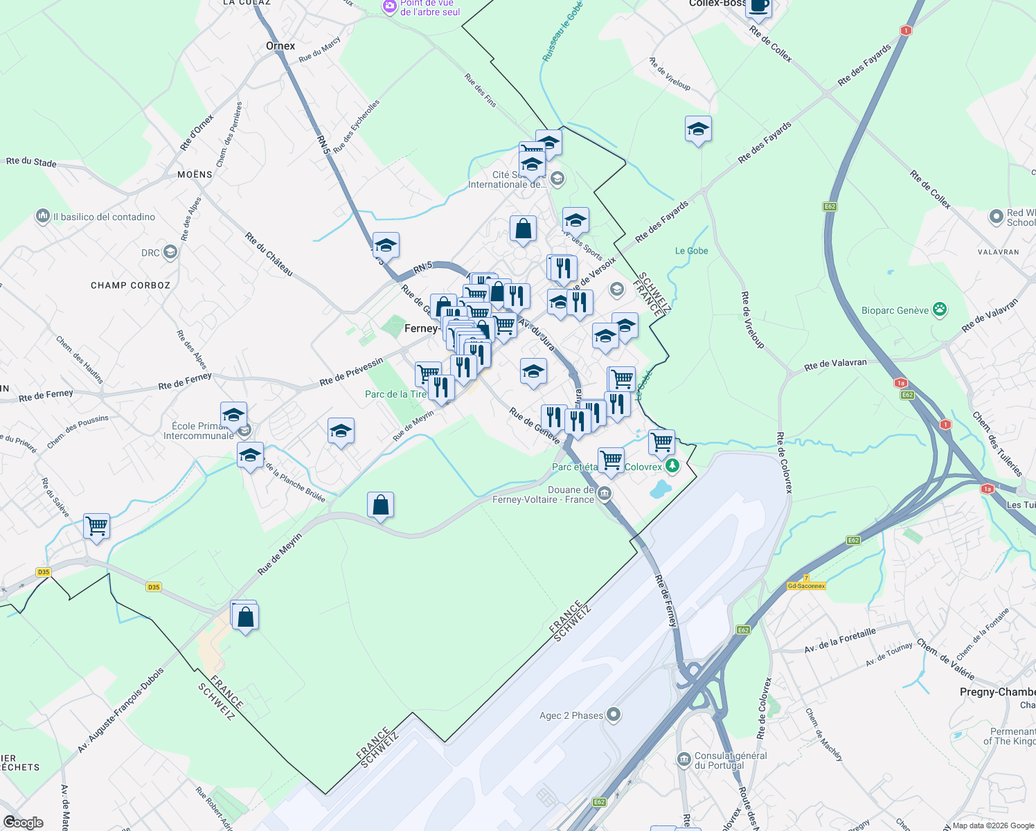 map of restaurants, bars, coffee shops, grocery stores, and more near Rue de Genève in Ferney-Voltaire
