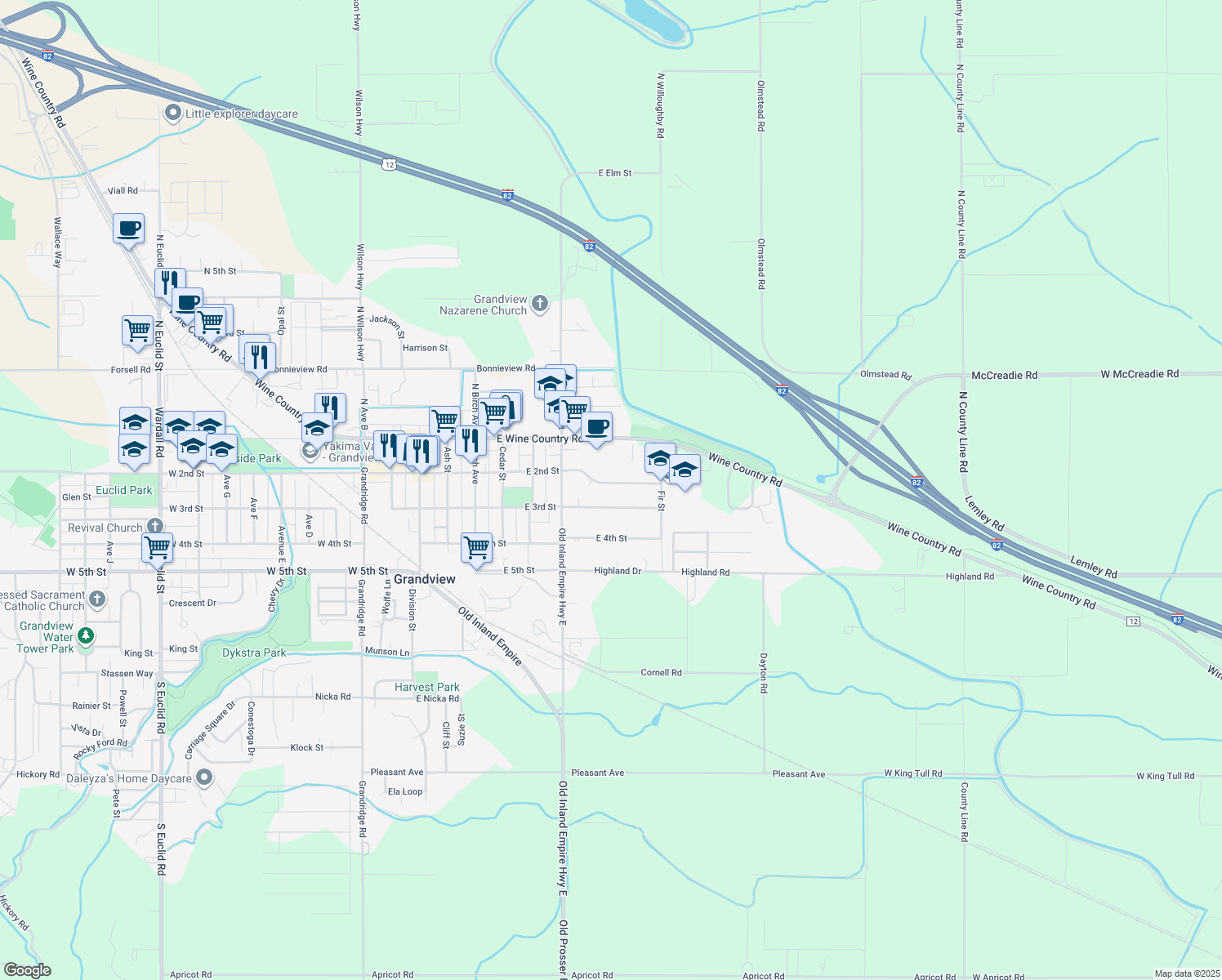 map of restaurants, bars, coffee shops, grocery stores, and more near 620 E 2nd St in Grandview