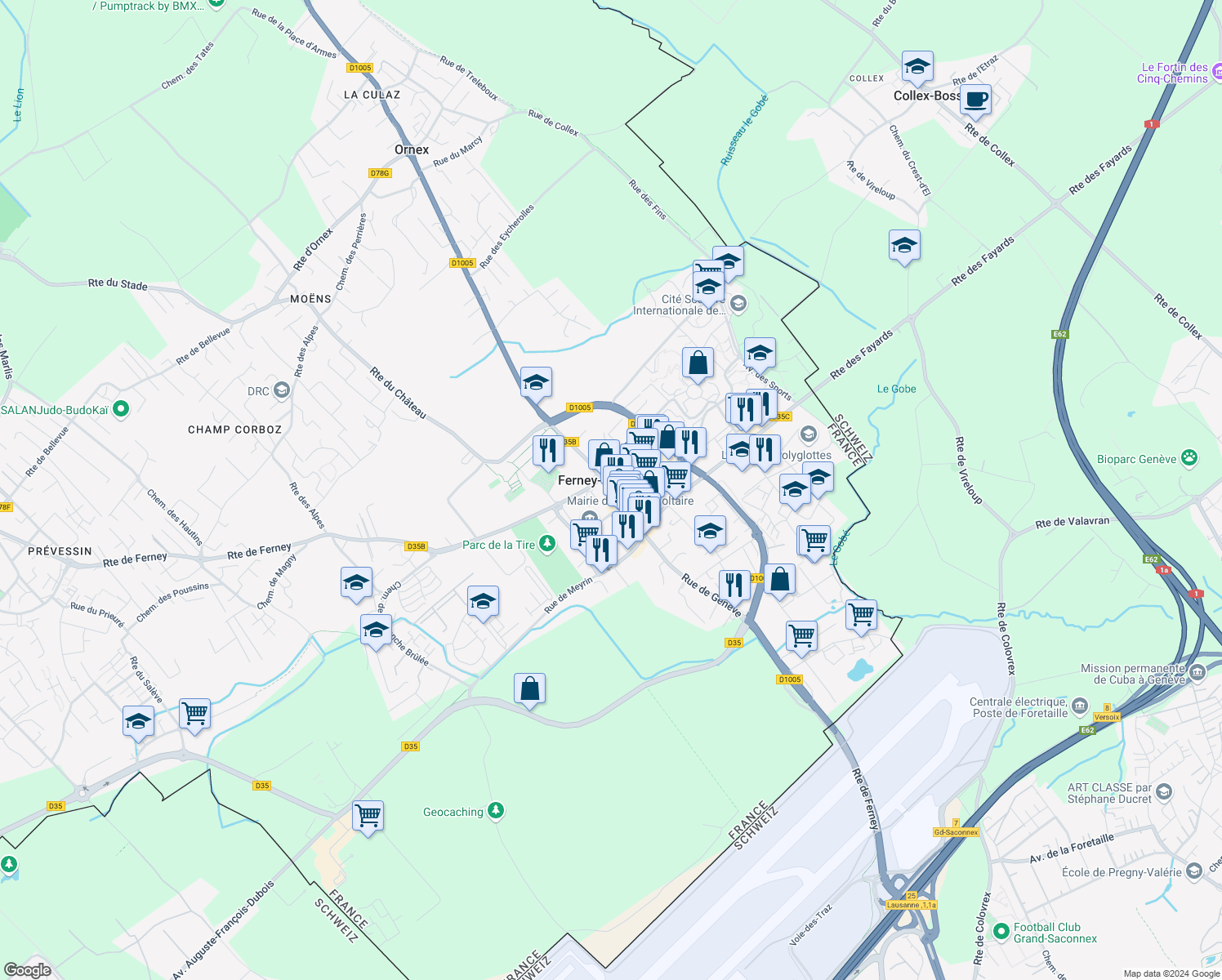 map of restaurants, bars, coffee shops, grocery stores, and more near 30 Grand' Rue in Ferney-Voltaire