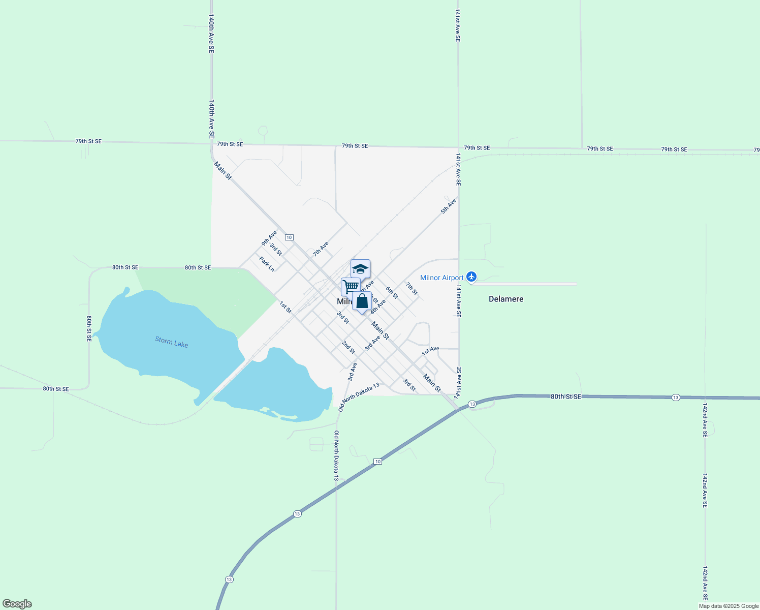 map of restaurants, bars, coffee shops, grocery stores, and more near 399 5th St in Milnor