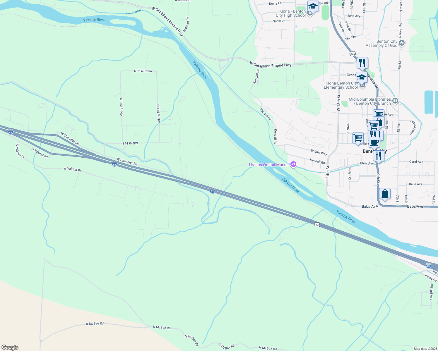 map of restaurants, bars, coffee shops, grocery stores, and more near 7310 West Chandler Road in Benton City