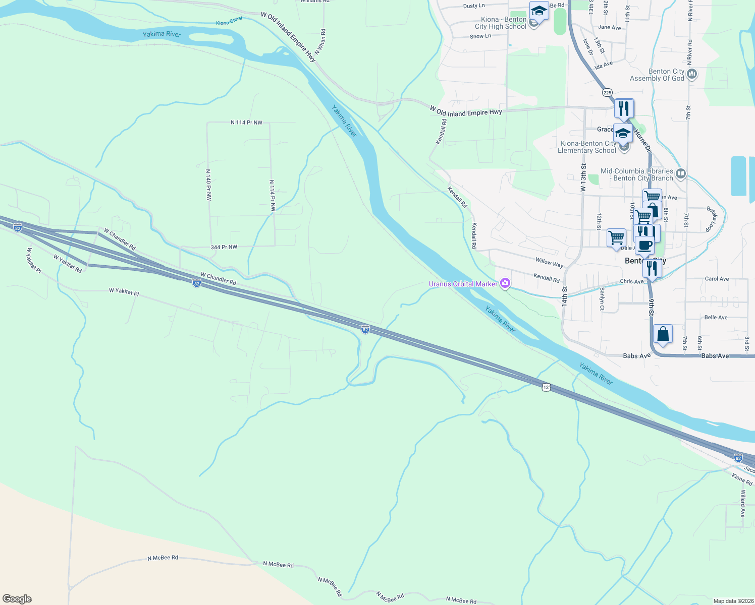 map of restaurants, bars, coffee shops, grocery stores, and more near 7310 West Chandler Road in Benton City
