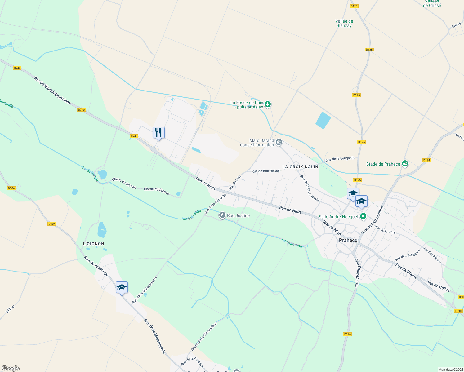 map of restaurants, bars, coffee shops, grocery stores, and more near 54 Rue de Paix in Prahecq