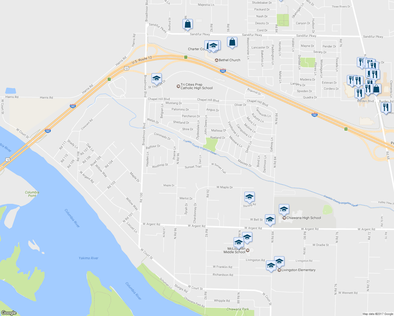map of restaurants, bars, coffee shops, grocery stores, and more near 9321 Sunset Trail in Pasco