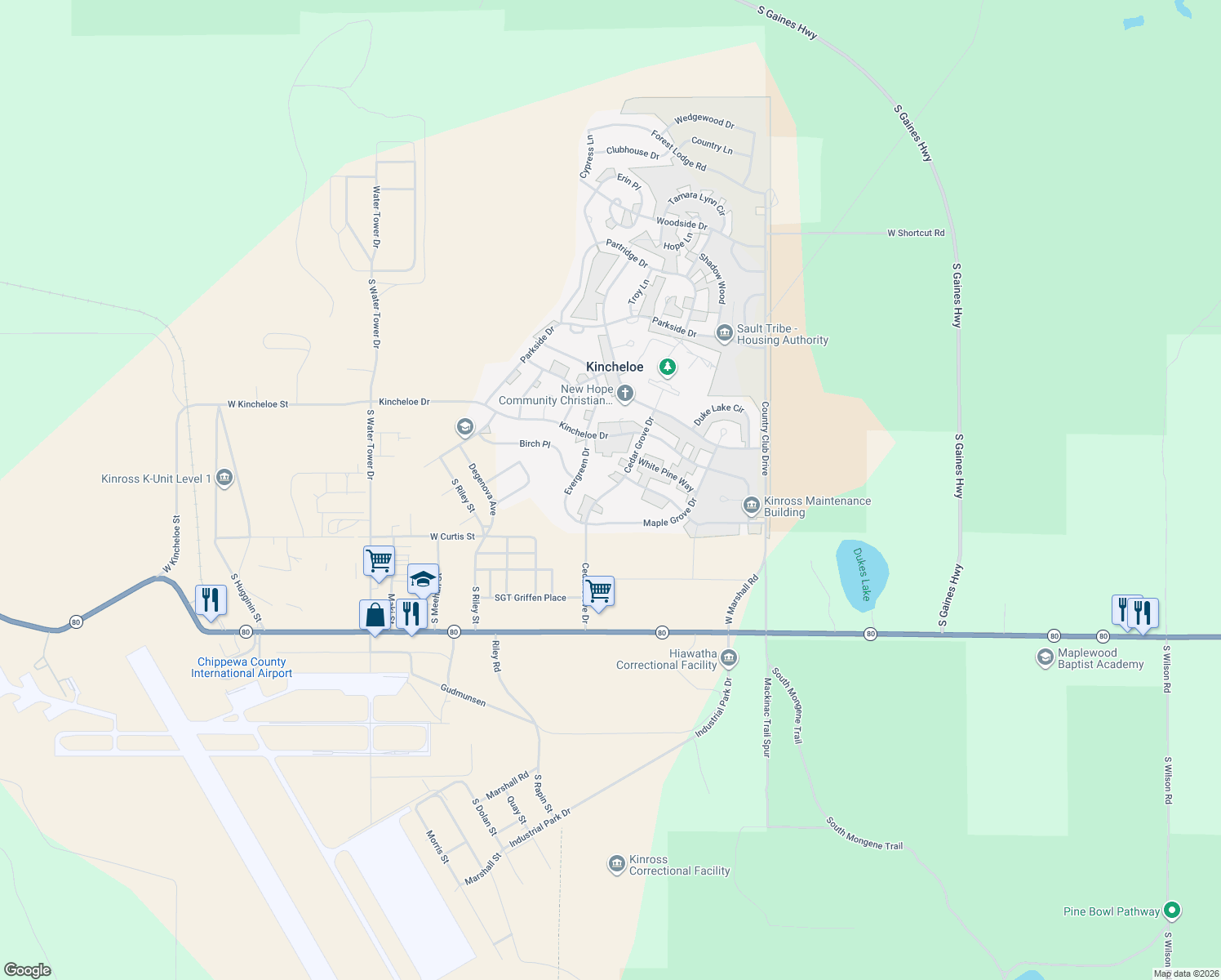 map of restaurants, bars, coffee shops, grocery stores, and more near Cedar Grove Dr in Kinross Charter Township