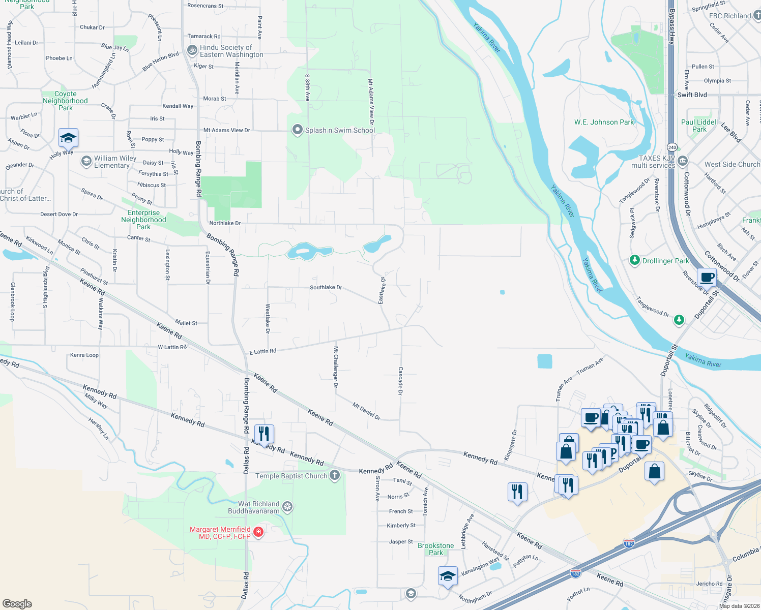 map of restaurants, bars, coffee shops, grocery stores, and more near 3905 Eastlake Drive in West Richland