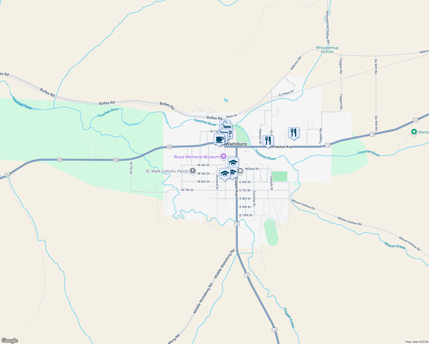 map of restaurants, bars, coffee shops, grocery stores, and more near 420 Orchard St in Waitsburg