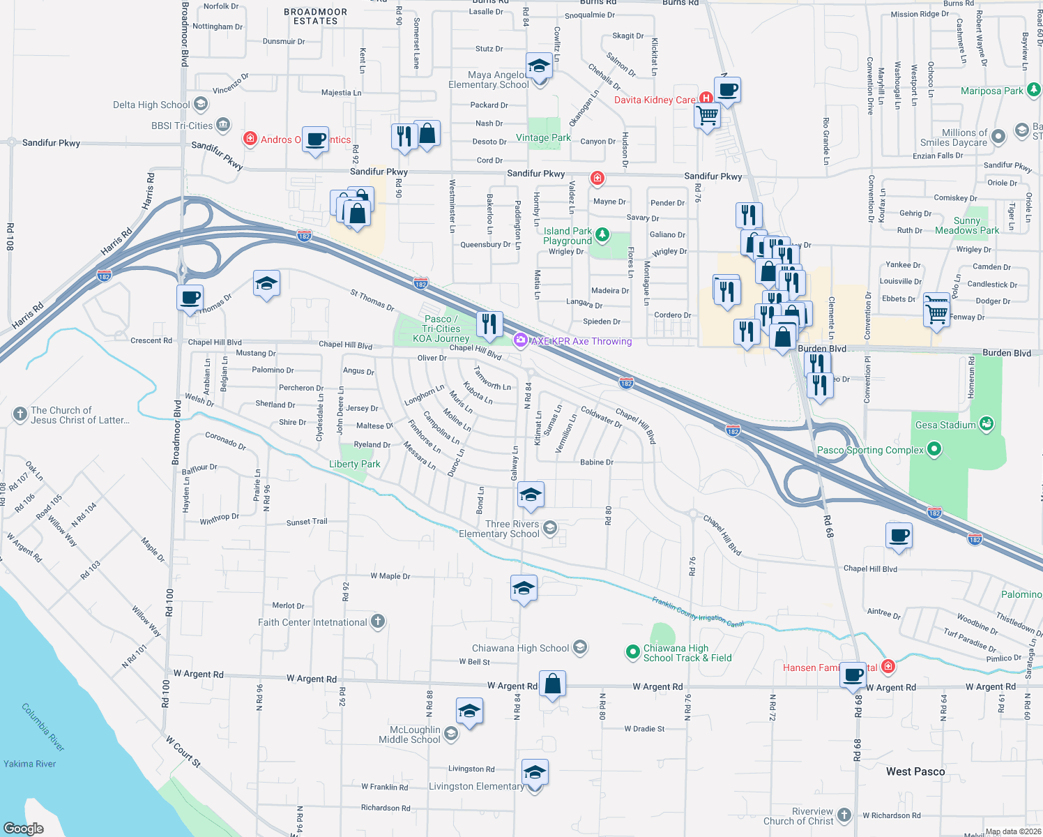 map of restaurants, bars, coffee shops, grocery stores, and more near 4429 Galway Lane in Pasco