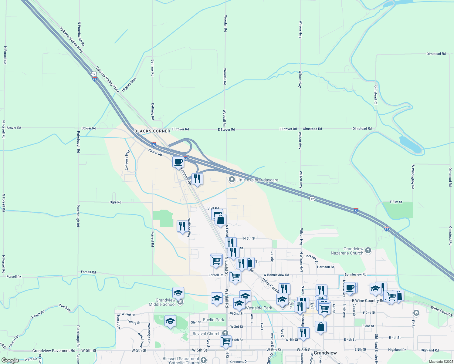 map of restaurants, bars, coffee shops, grocery stores, and more near 1044 N Euclid St in Grandview