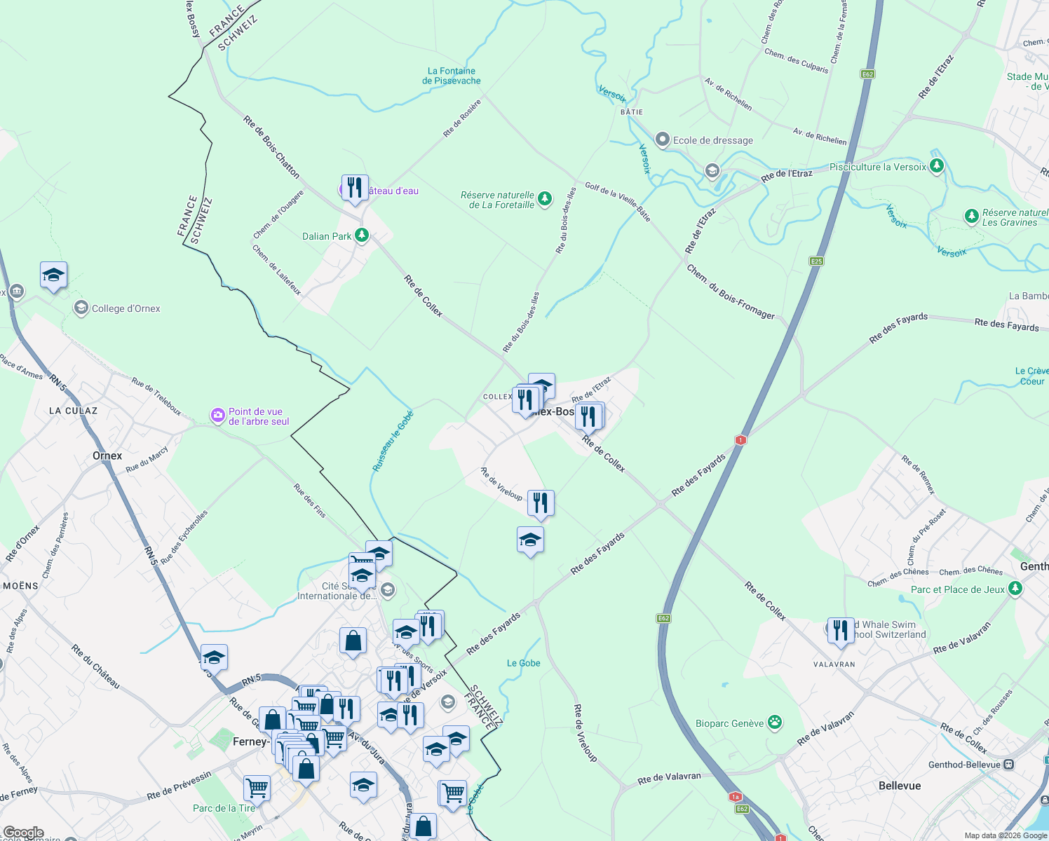 map of restaurants, bars, coffee shops, grocery stores, and more near 201 Route de Collex in Collex-Bossy