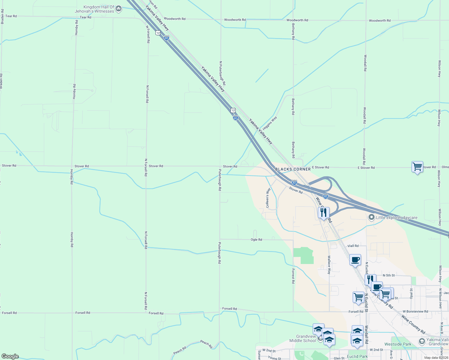 map of restaurants, bars, coffee shops, grocery stores, and more near 1381 Puterbaugh Rd in Grandview