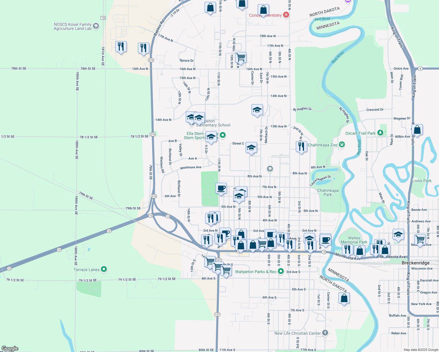 map of restaurants, bars, coffee shops, grocery stores, and more near 1098 8th Ave N in Wahpeton